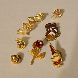 Vintage Gold Tone and Red Holiday Festive Brooch Pin Set 8 Pieces